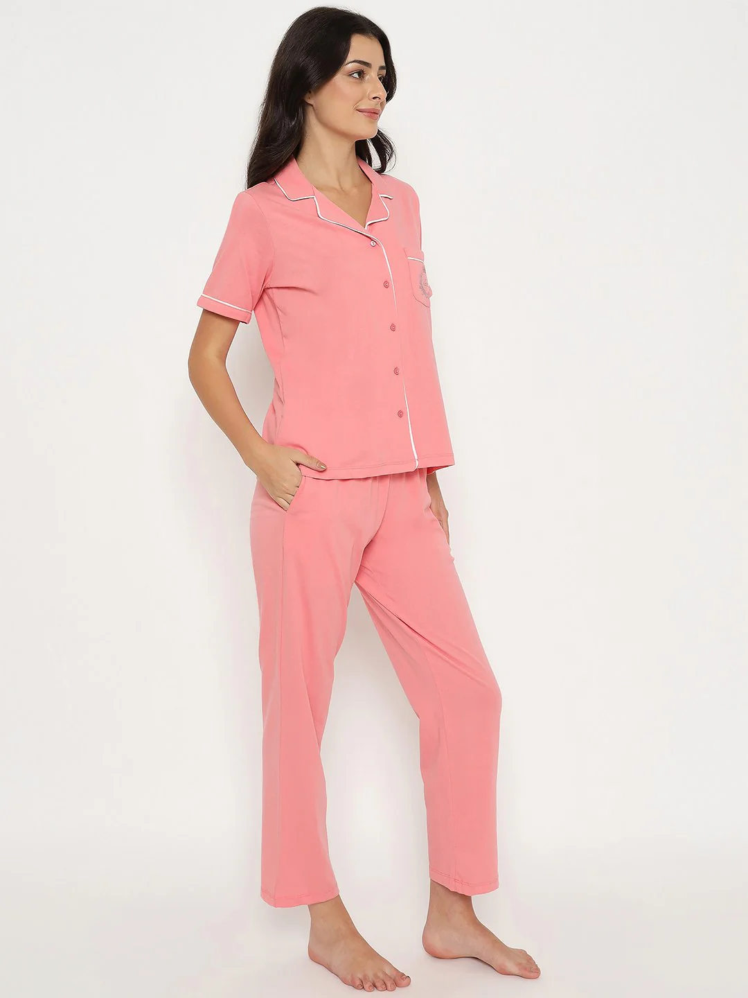 mSECRET Embossed Top and Bottom Coral Cotton Night Suit - Image 4