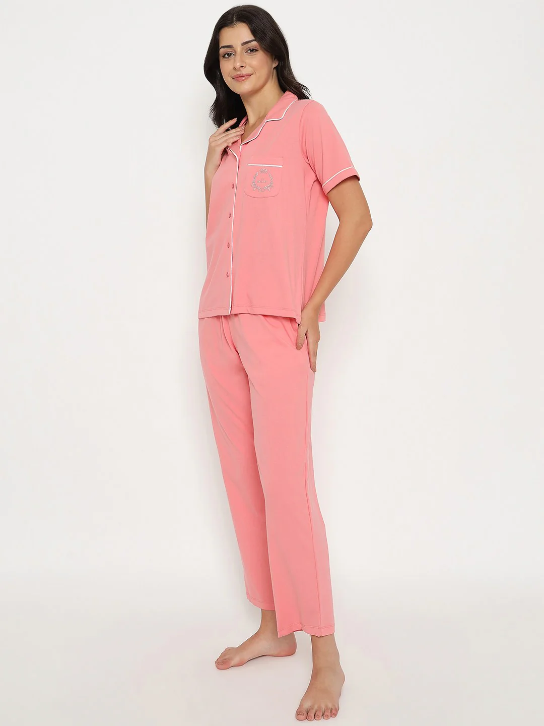 mSECRET Embossed Top and Bottom Coral Cotton Night Suit - Image 5