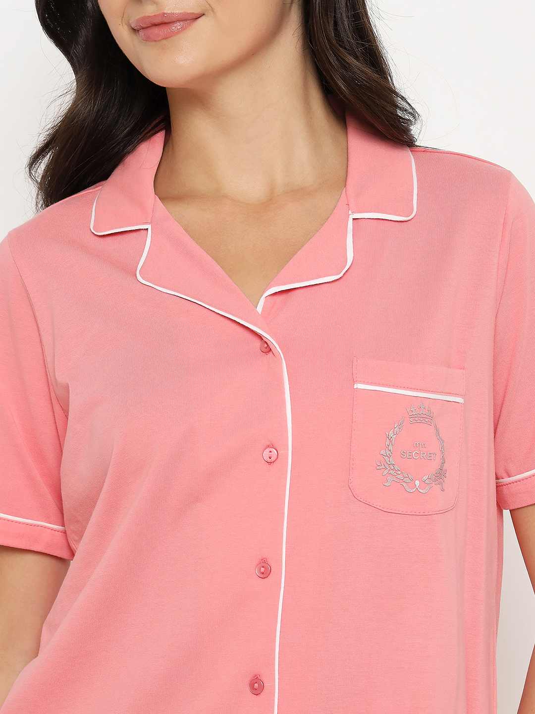 mSECRET Embossed Top and Bottom Coral Cotton Night Suit - Image 8