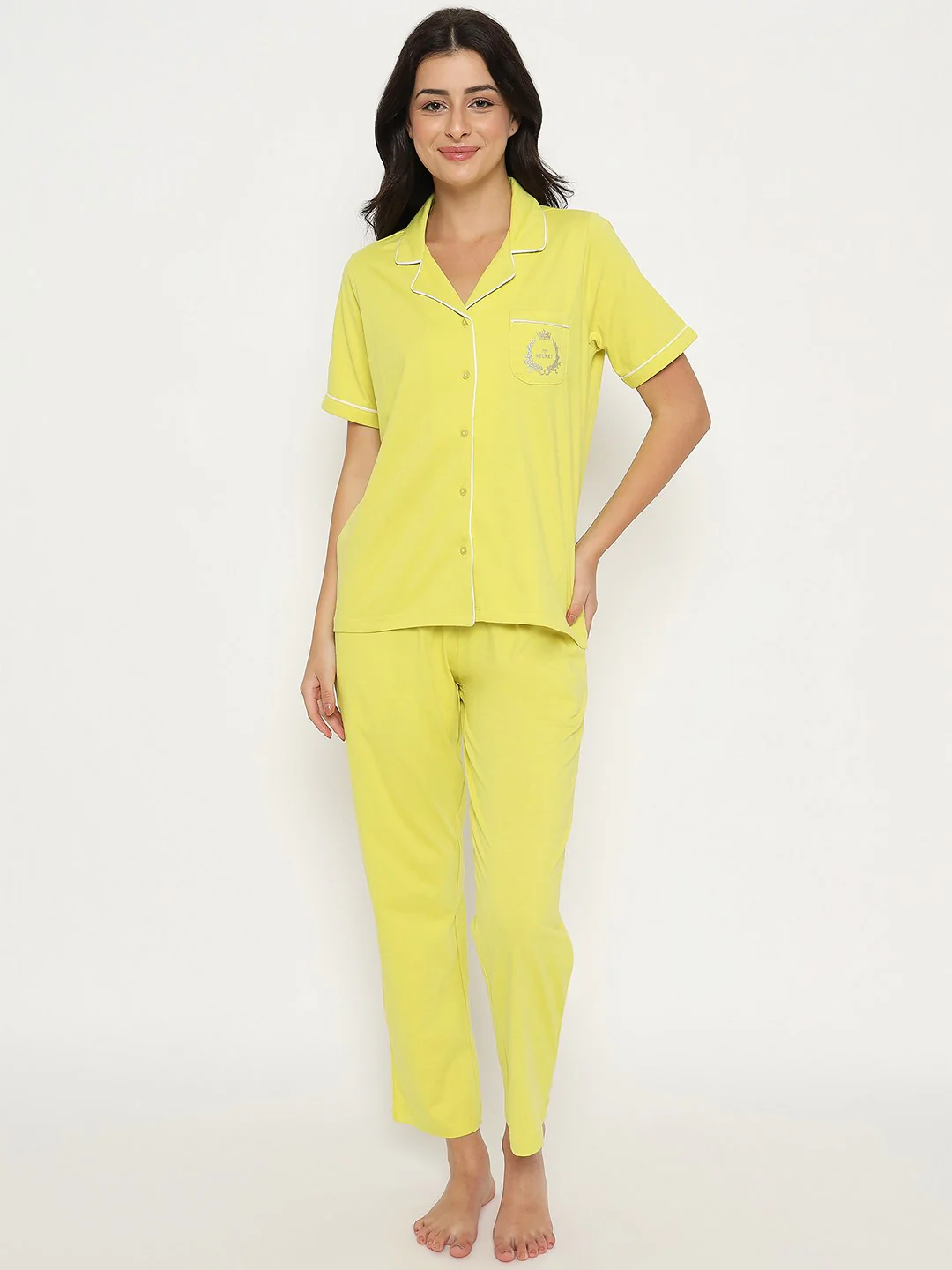 mSECRET Embossed Top and Bottom Lime Yellow Cotton Night Suit - Image 3