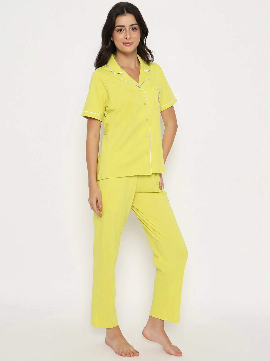 mSECRET Embossed Top and Bottom Lime Yellow Cotton Night Suit - Image 4