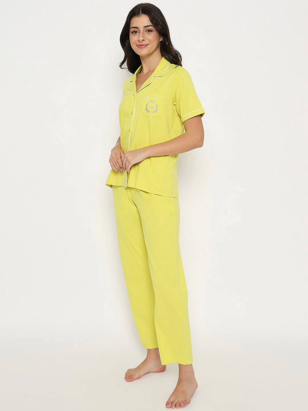 mSECRET Embossed Top and Bottom Lime Yellow Cotton Night Suit - Image 5
