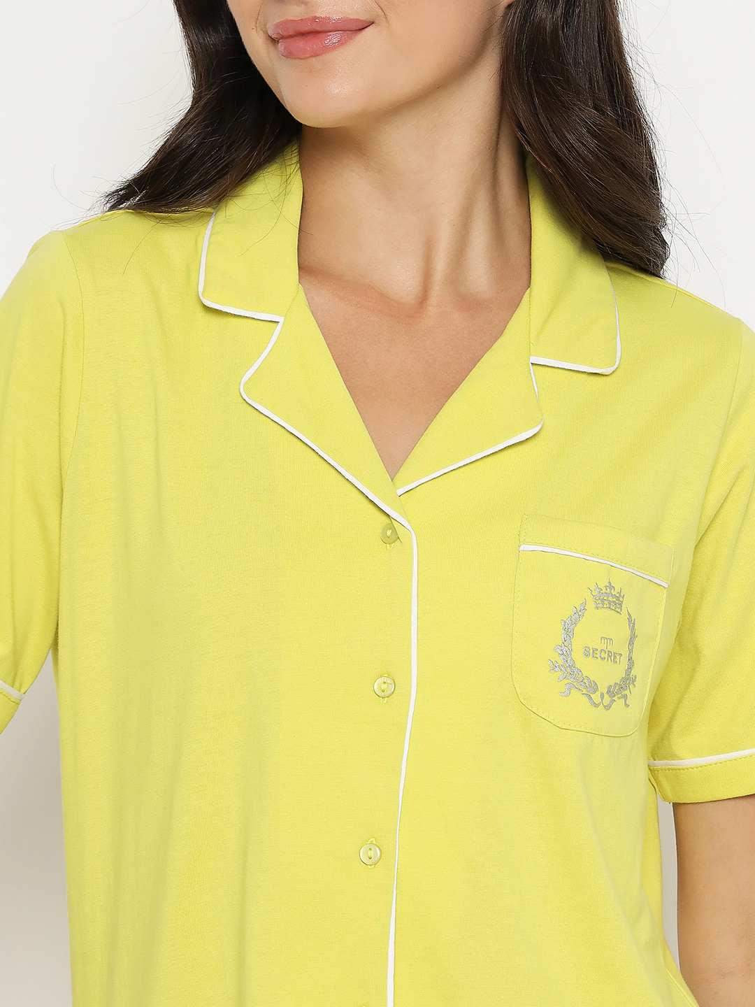 mSECRET Embossed Top and Bottom Lime Yellow Cotton Night Suit - Image 8