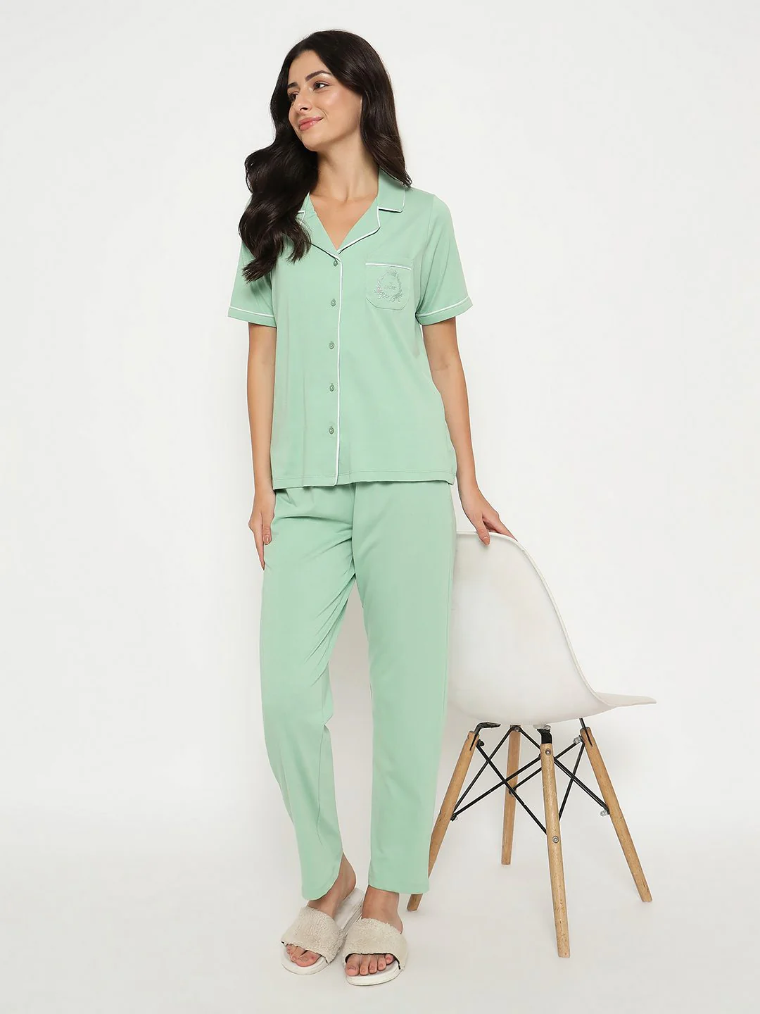 mSECRET Embossed Top and Bottom Mint Green Cotton Night Suit