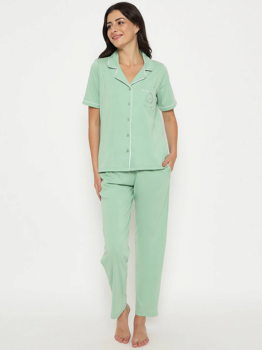 mSECRET Embossed Top and Bottom Mint Green Cotton Night Suit - Image 3