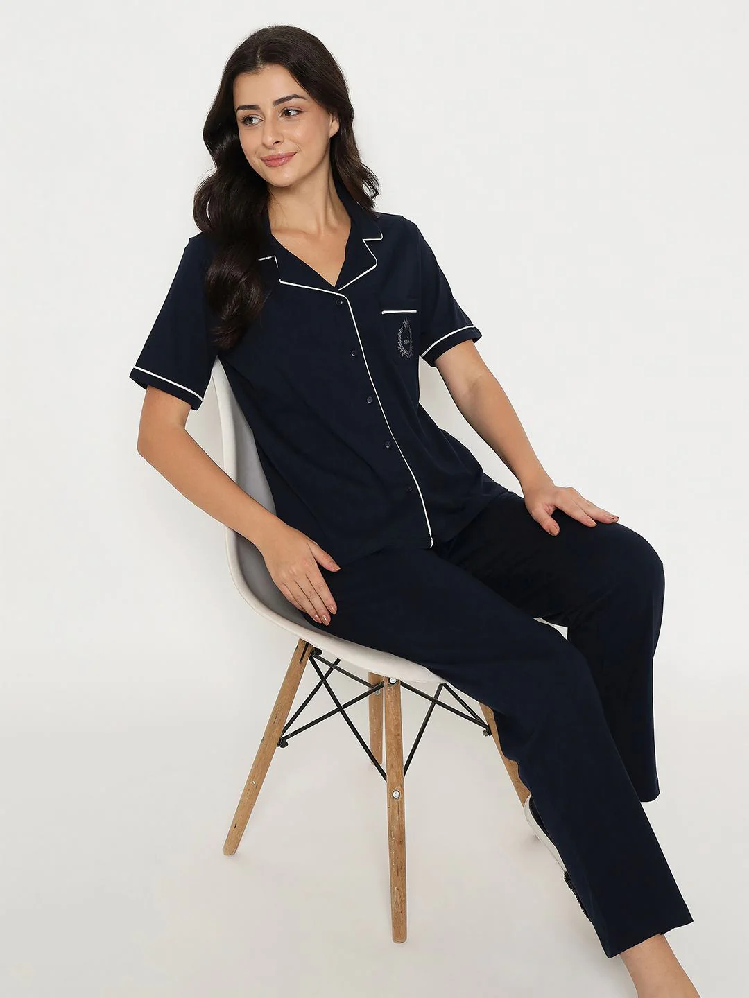 mSECRET Embossed Top and Bottom Navy Blue Cotton Night Suit - Image 2