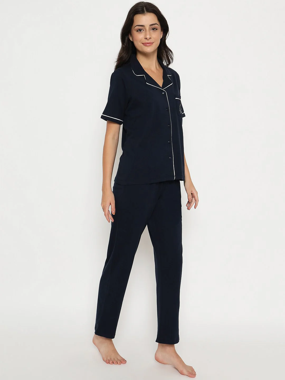 mSECRET Embossed Top and Bottom Navy Blue Cotton Night Suit - Image 4
