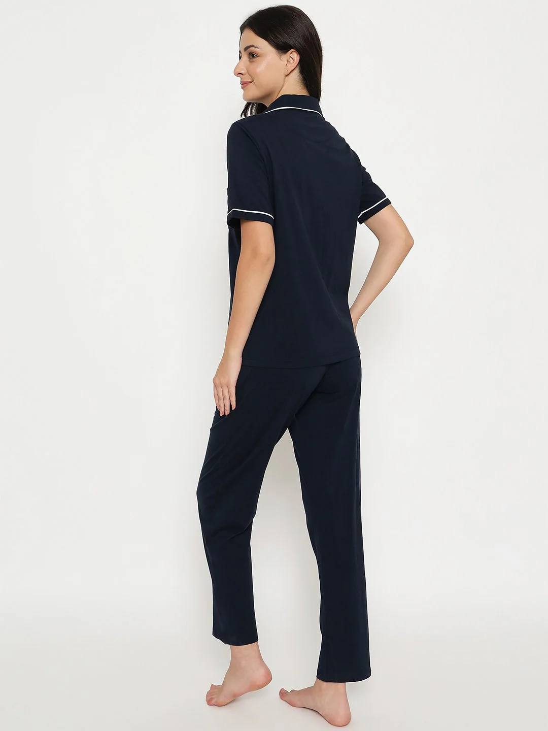 mSECRET Embossed Top and Bottom Navy Blue Cotton Night Suit - Image 6