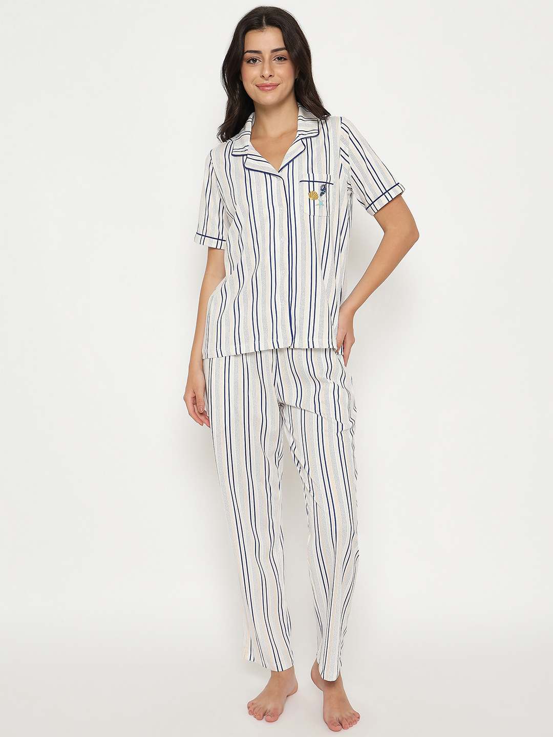 mSECRET Striped Top and Bottom Off-White Cotton Night Suit - Image 3