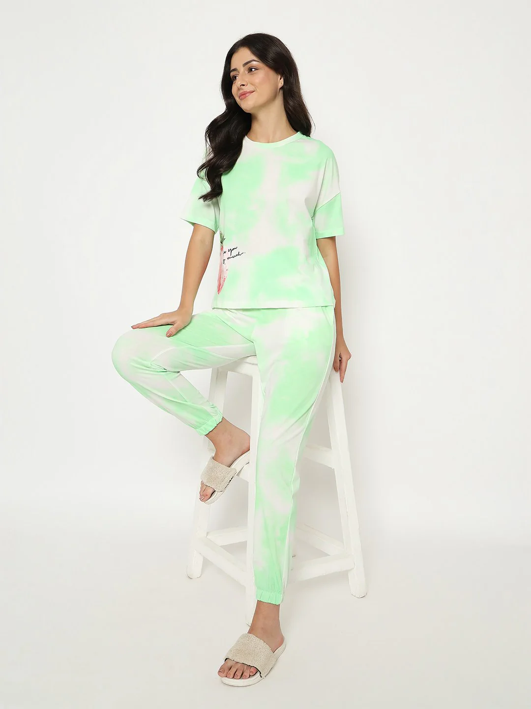 mSECRET Tie and Dye Top and Bottom Printed Green Night Suit - Image 2