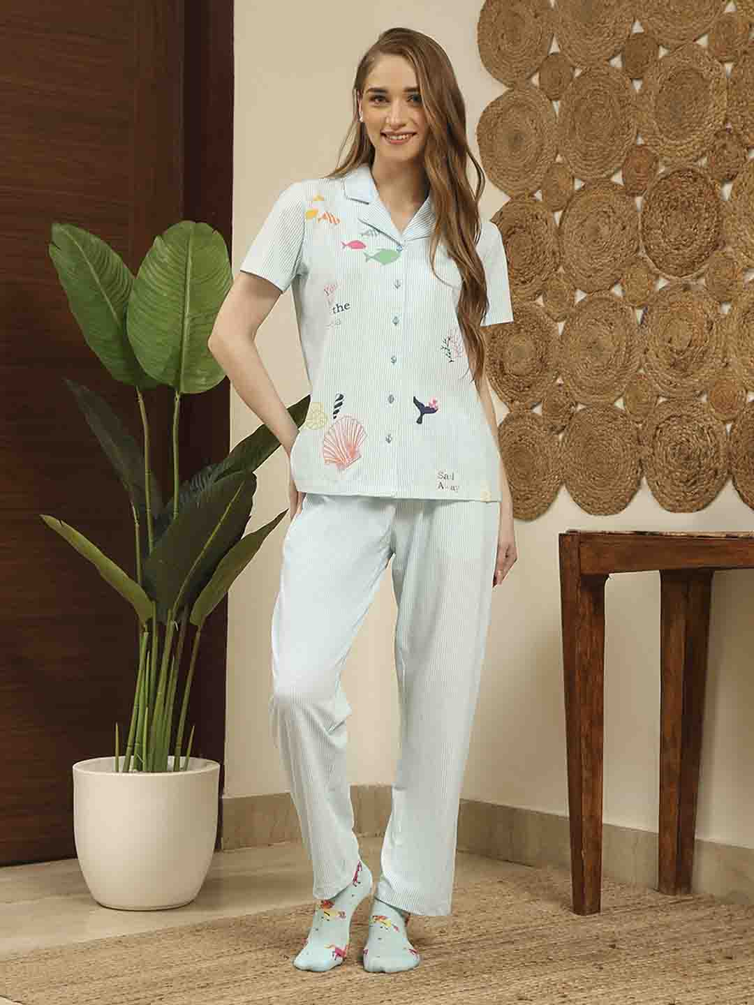 mSECRET Notch Collar Top and Bottoms Turquoise Cotton Night Suit - Image 3