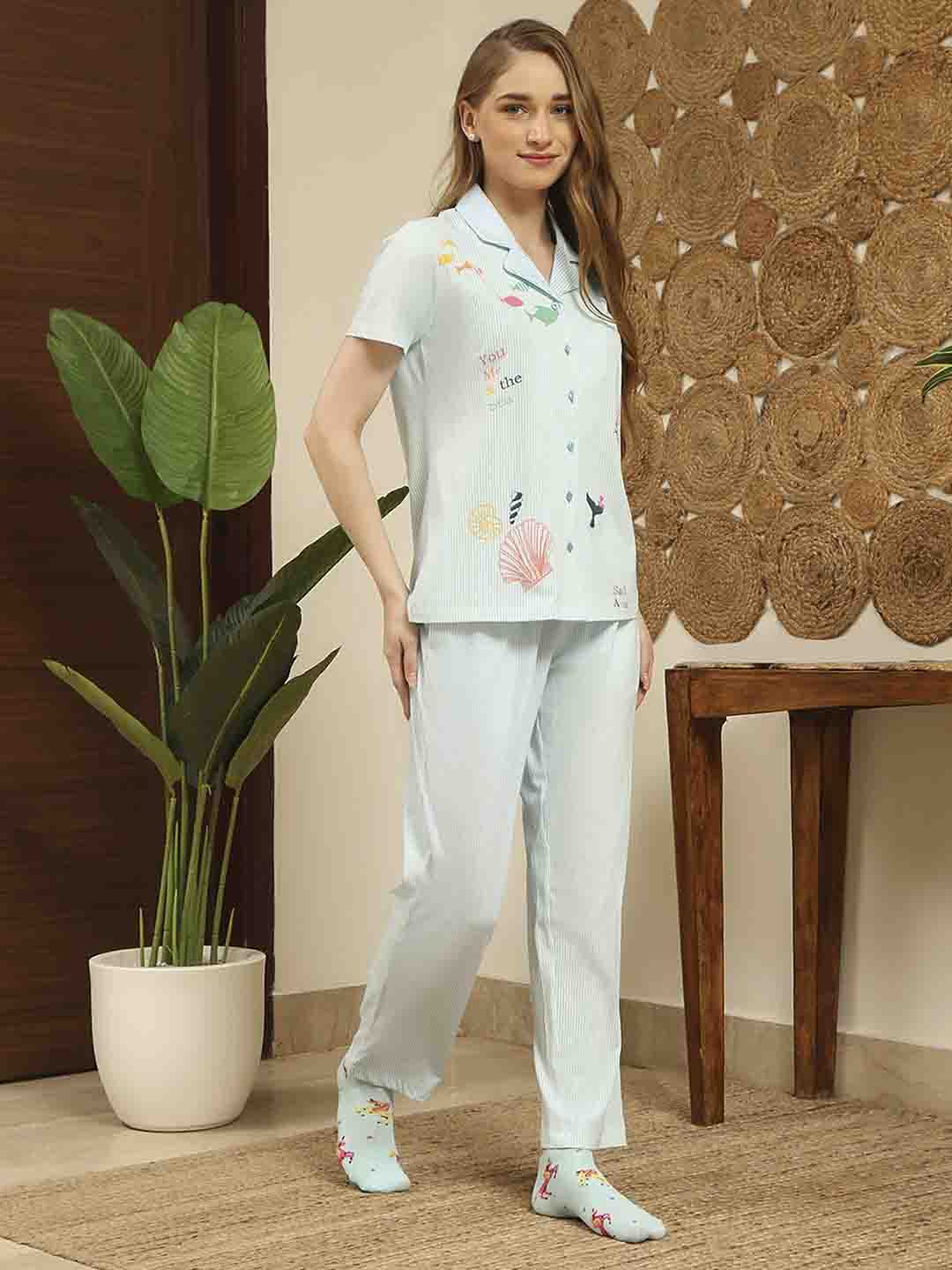 mSECRET Notch Collar Top and Bottoms Turquoise Cotton Night Suit - Image 4