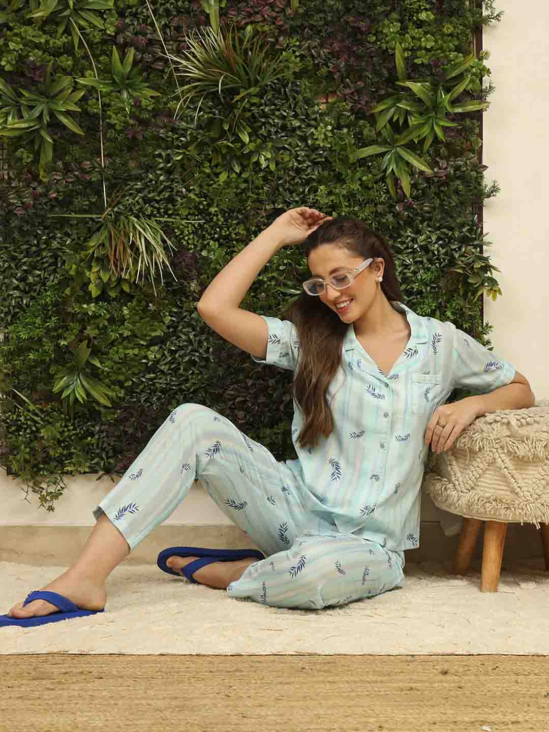 mSECRET Rayon Striped Top and Bottom Aqua Blue Night Suit - Image 2