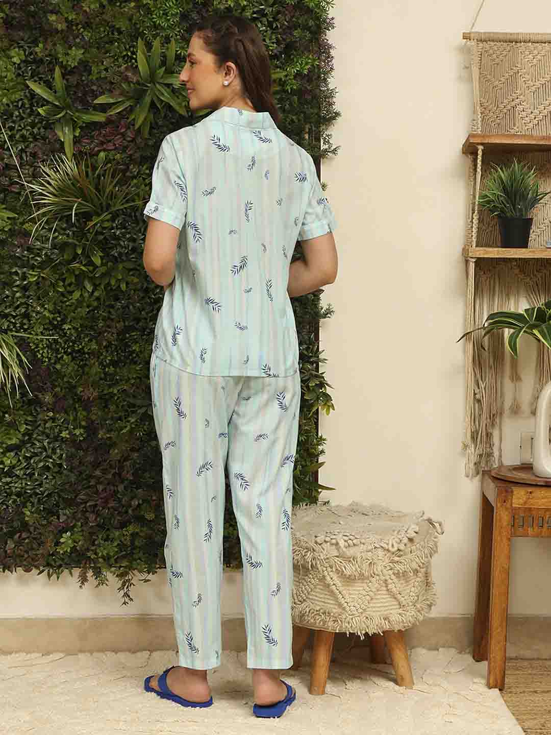 mSECRET Rayon Striped Top and Bottom Aqua Blue Night Suit - Image 5