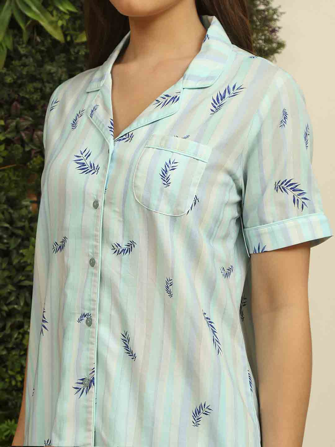 mSECRET Rayon Striped Top and Bottom Aqua Blue Night Suit - Image 6