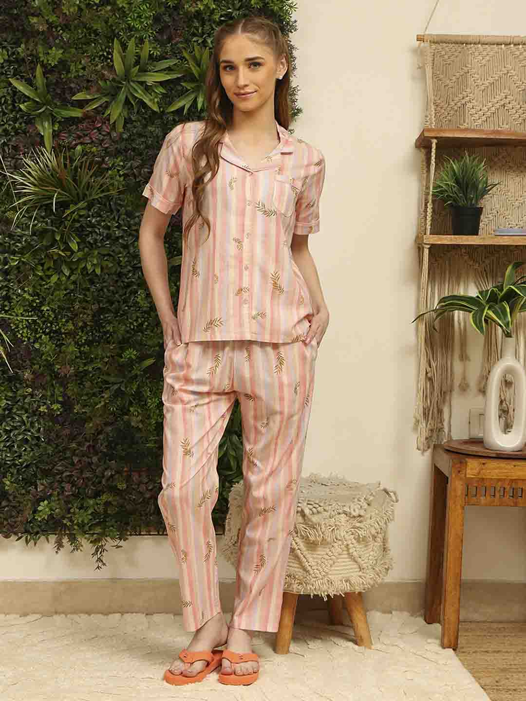 mSECRET Rayon Striped and Bottom Peach Night Suit - Image 3