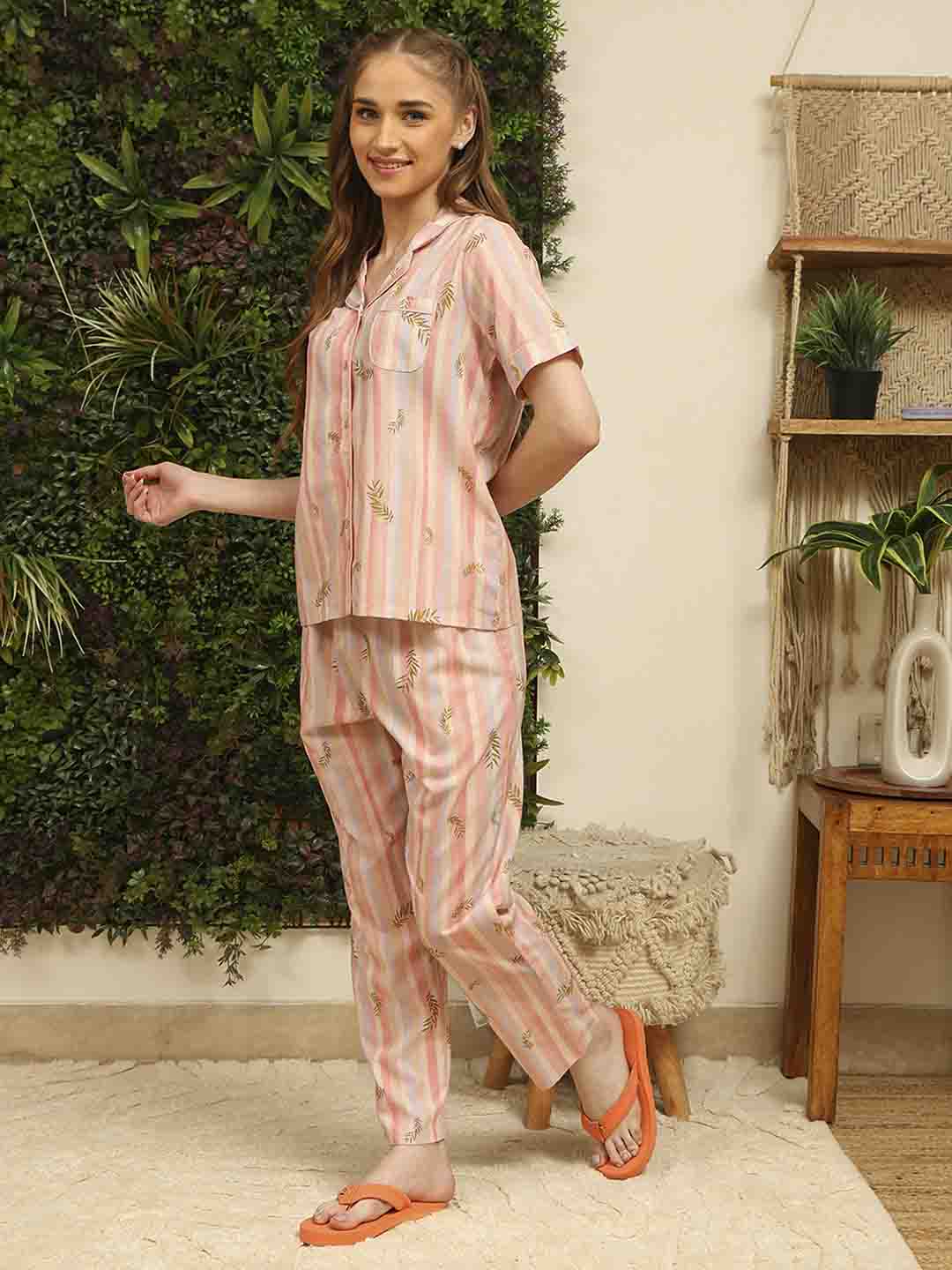mSECRET Rayon Striped and Bottom Peach Night Suit - Image 4