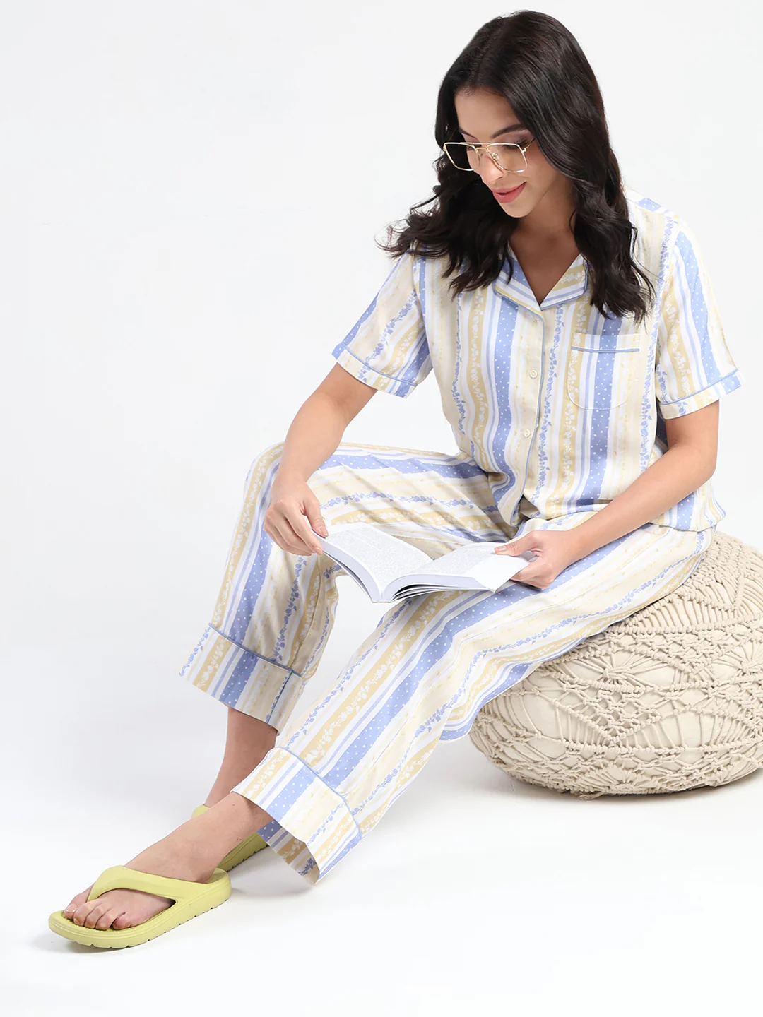 mSECRET Striped Collar Top and Bottoms Yellow Nightsuit