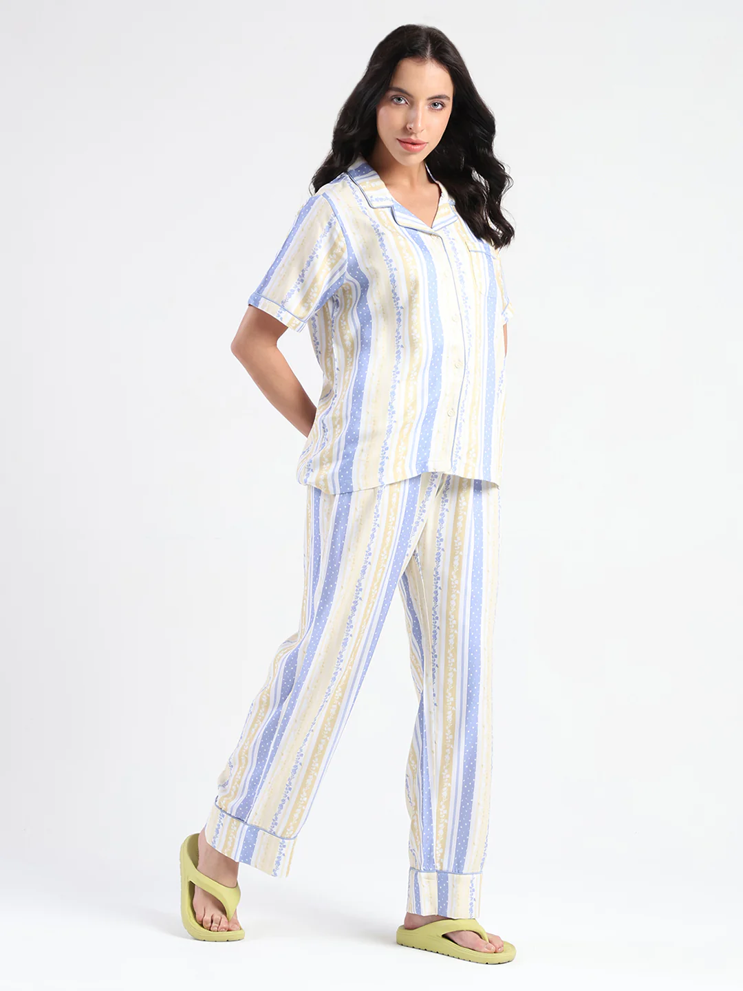mSECRET Striped Collar Top and Bottoms Yellow Nightsuit - Image 4