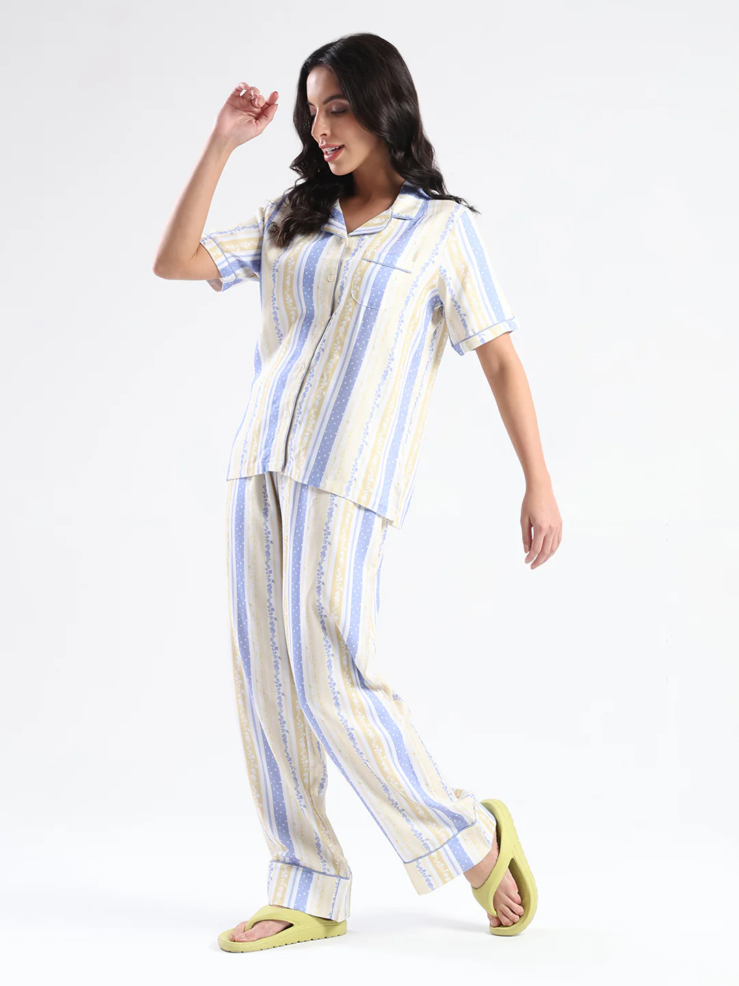mSECRET Striped Collar Top and Bottoms Yellow Nightsuit - Image 5