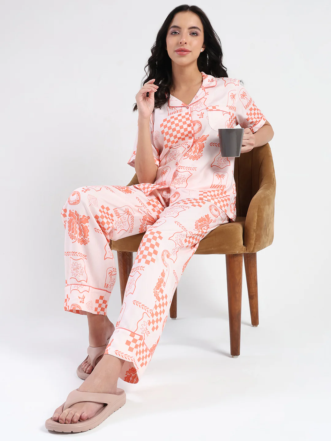 mSECRET Geometric Print Top and Bottoms Coral Pink Nightsuit