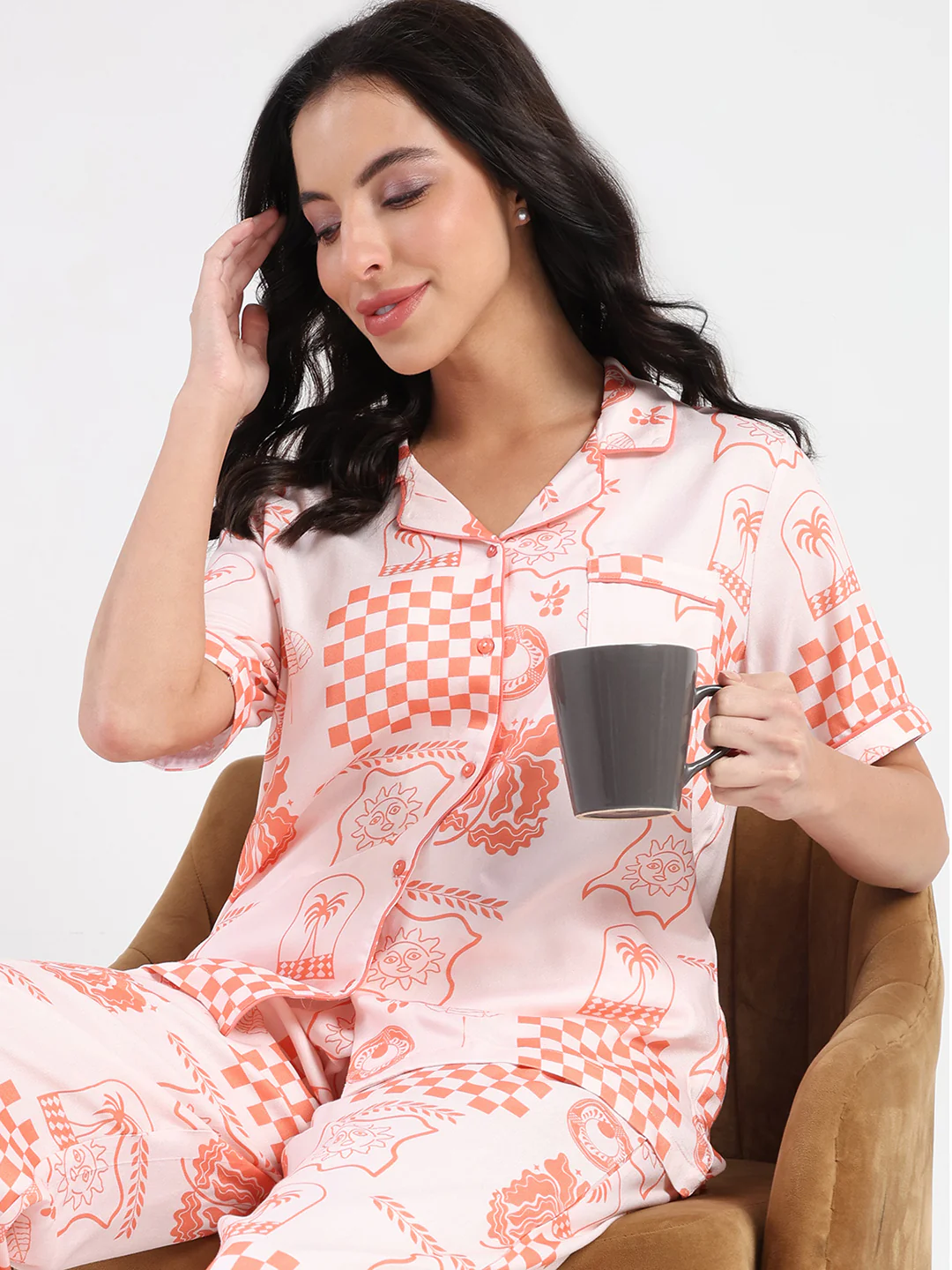 mSECRET Geometric Print Top and Bottoms Coral Pink Nightsuit - Image 2