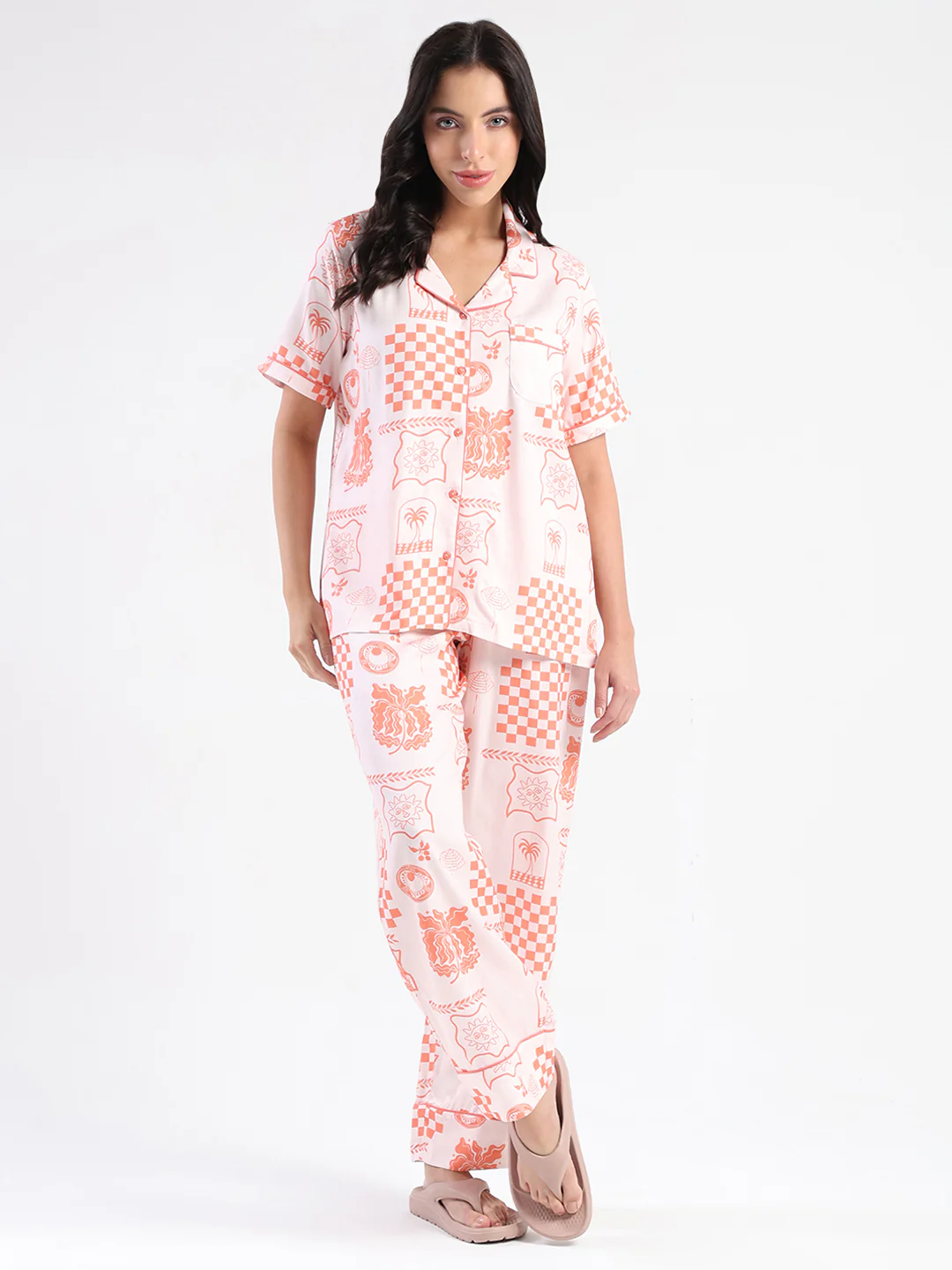 mSECRET Geometric Print Top and Bottoms Coral Pink Nightsuit - Image 3