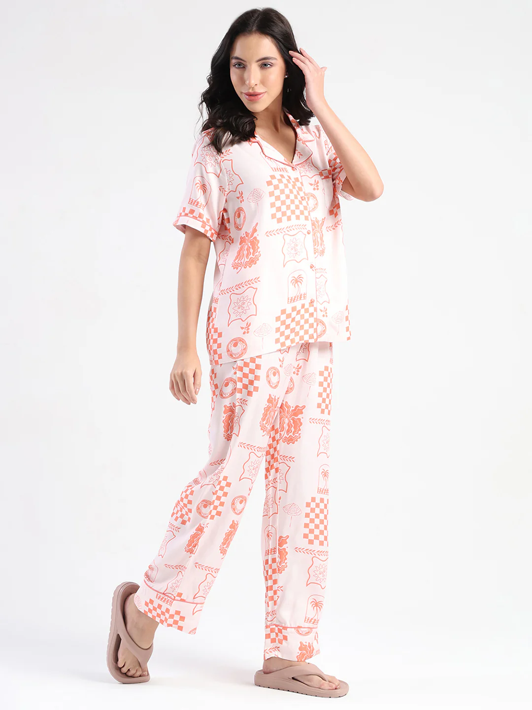 mSECRET Geometric Print Top and Bottoms Coral Pink Nightsuit - Image 4
