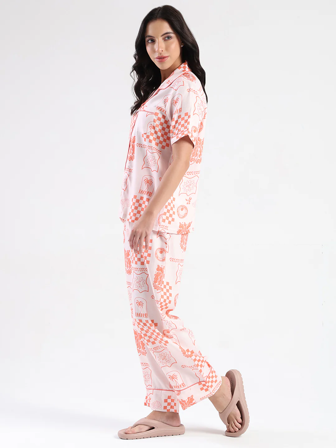 mSECRET Geometric Print Top and Bottoms Coral Pink Nightsuit - Image 5