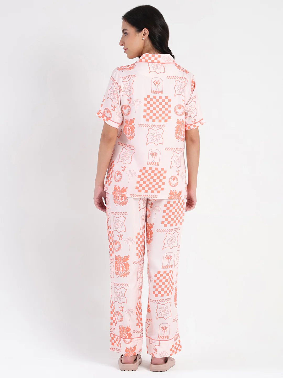 mSECRET Geometric Print Top and Bottoms Coral Pink Nightsuit - Image 6