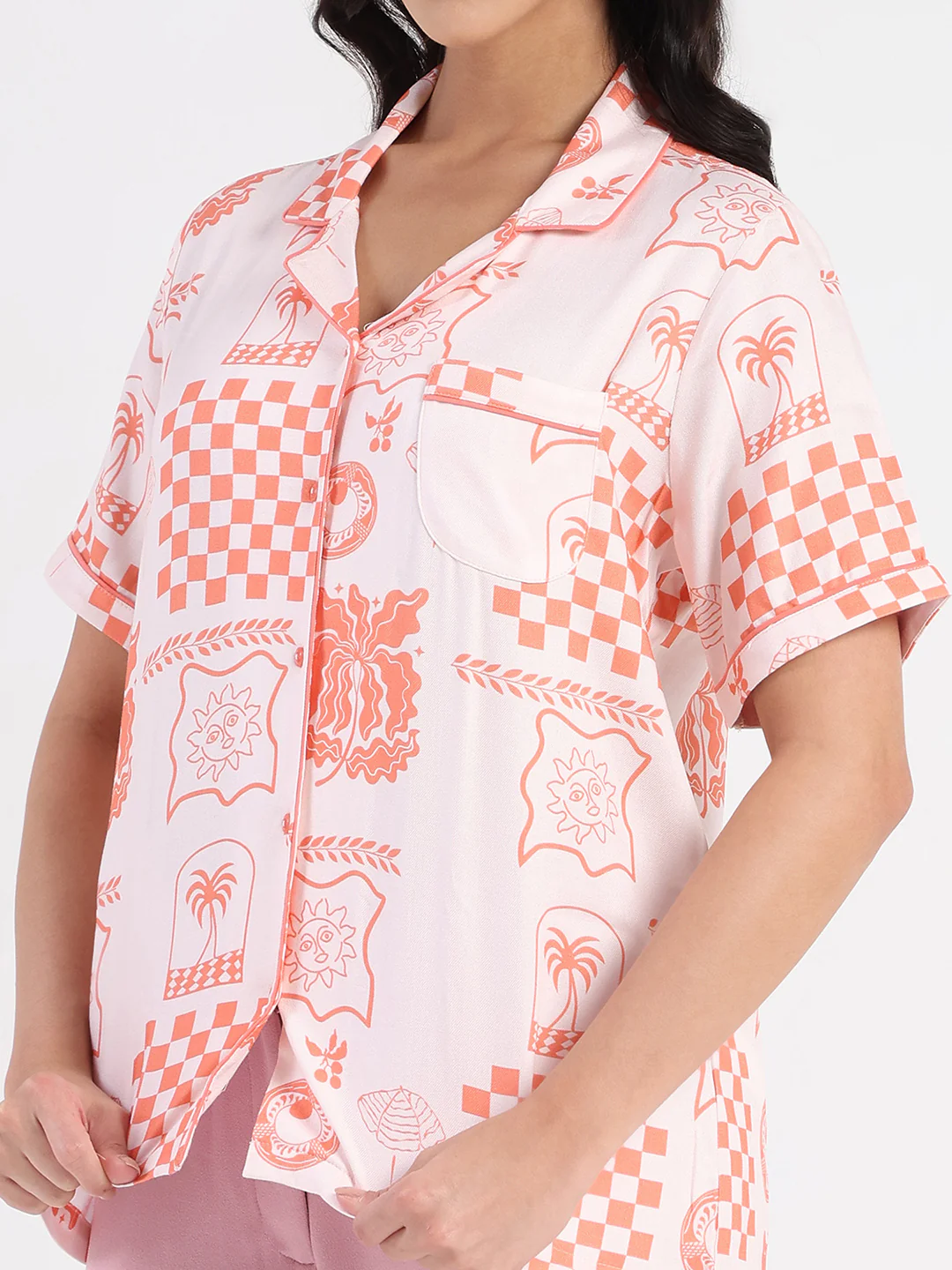 mSECRET Geometric Print Top and Bottoms Coral Pink Nightsuit - Image 8