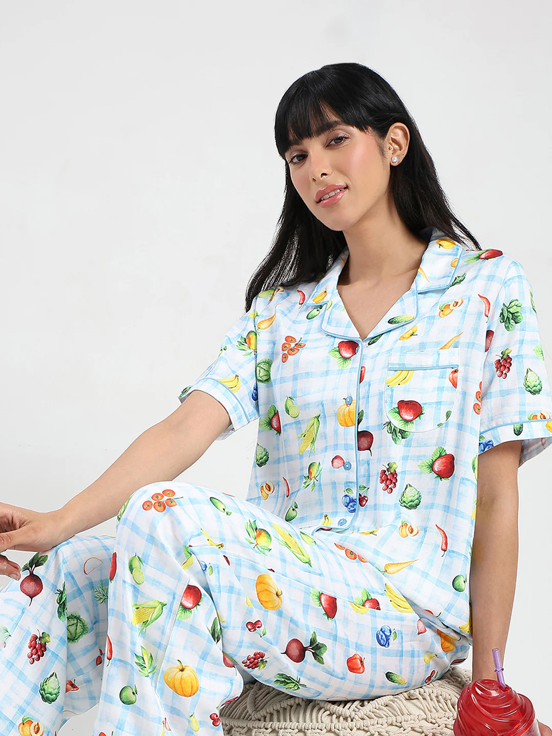 mSECRET Graphic Print Chequered Top and Bottoms Blue Nightsuit - Image 2