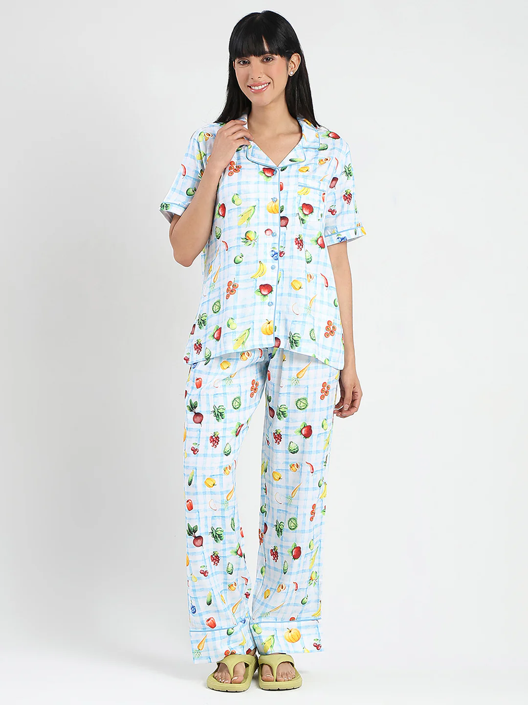 mSECRET Graphic Print Chequered Top and Bottoms Blue Nightsuit - Image 3