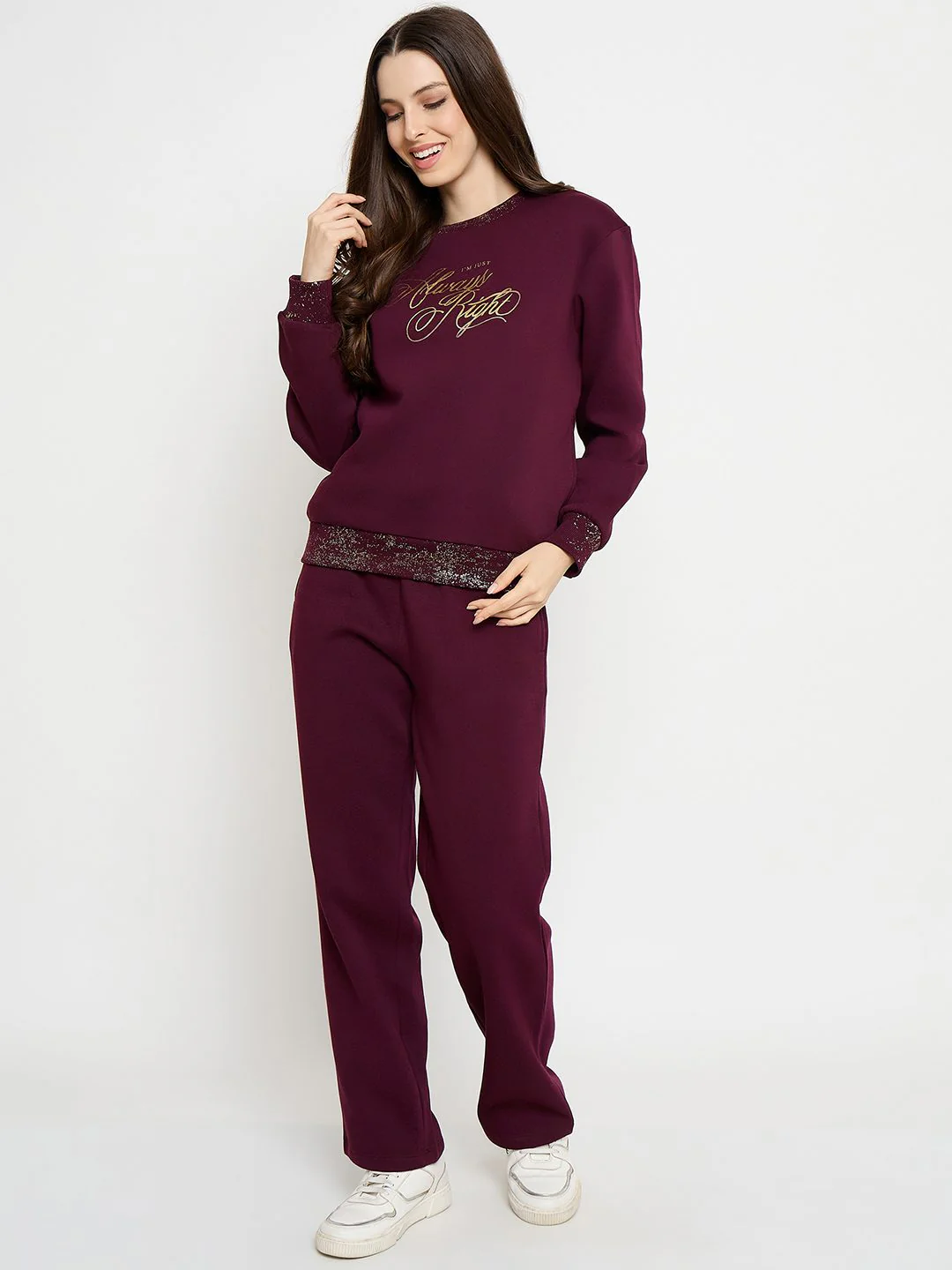 mSECRET Typography Print Sweatshirt and Straight Bottoms Plum Night Suit - Image 3