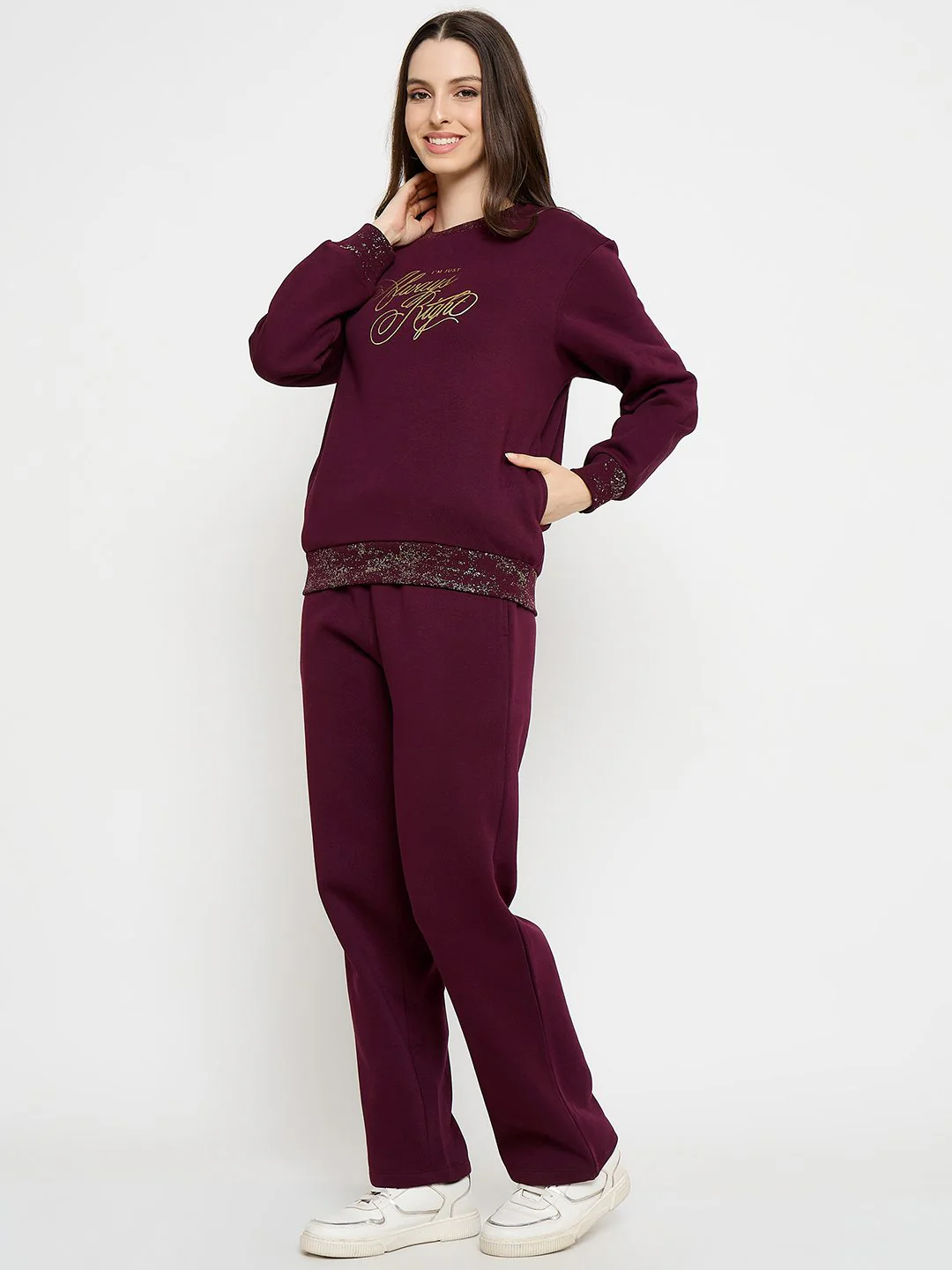 mSECRET Typography Print Sweatshirt and Straight Bottoms Plum Night Suit - Image 5