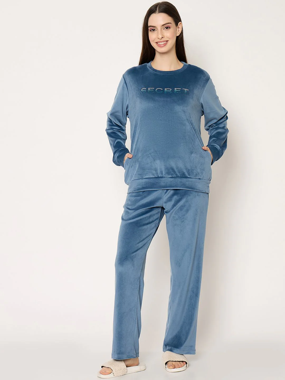 mSECRET Round Neck Embellished Teal Sweatshirt